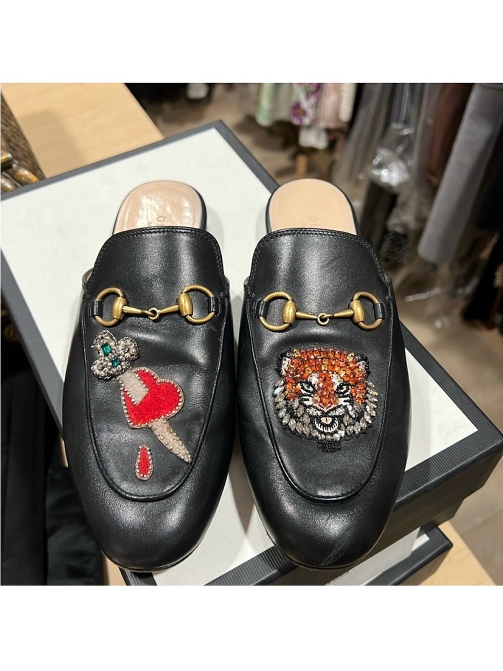 Gucci Black Leather Horsebit Mules with Beaded Tiger & Heart Dagger